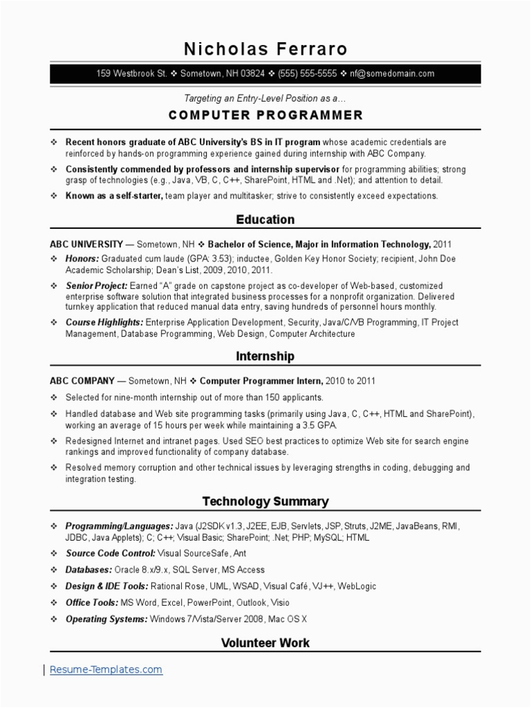 Sample Resume for An Entry Level Computer Programmer Sample Entry Level Puter Programmer Resume Template