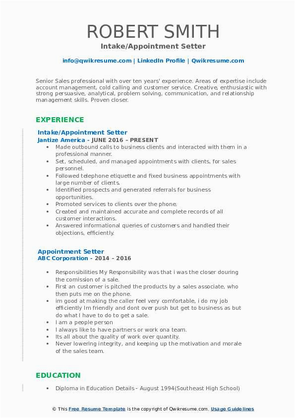 Sample Resume for B2b Appointment Setter and Customer Service Appointment Setter Resume Samples