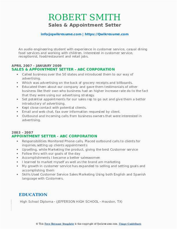 Sample Resume for B2b Appointment Setter and Customer Service Appointment Setter Resume Samples