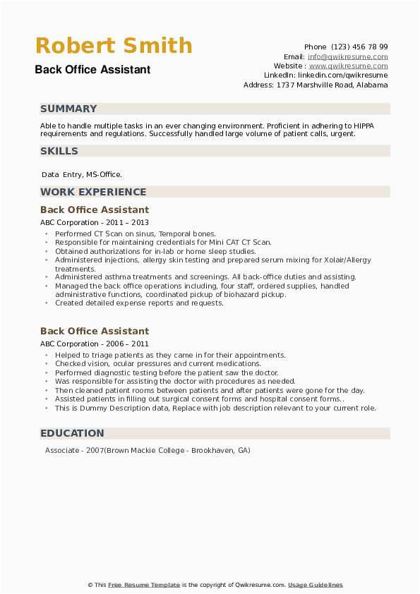 Sample Resume for Back Office Operations Back Fice assistant Resume Samples