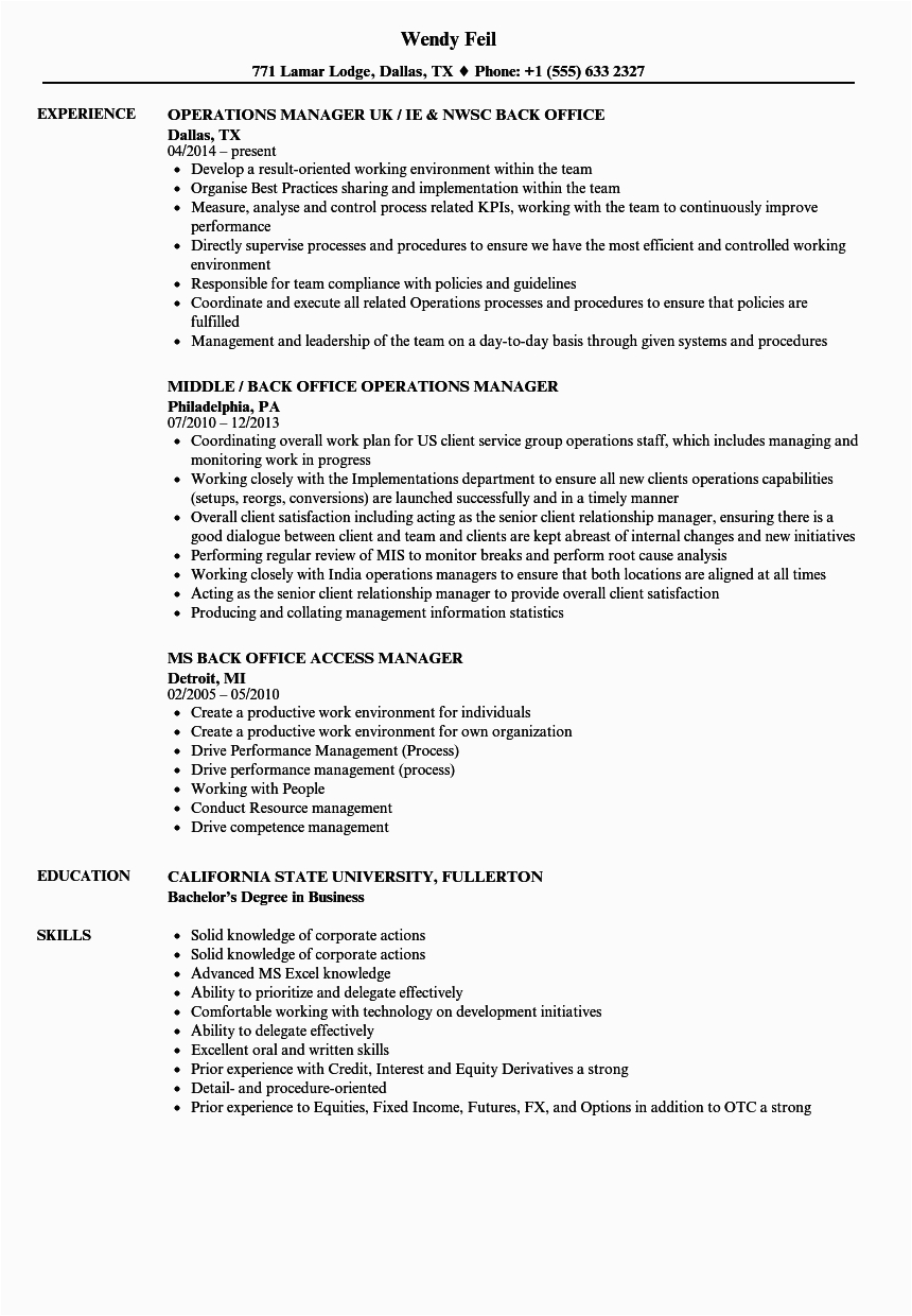 Sample Resume for Back Office Operations Back Fice Manager Resume Samples