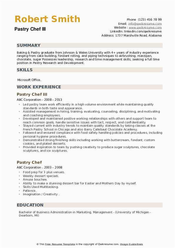 Sample Resume for Baking and Pastry Pastry Chef Resume Samples