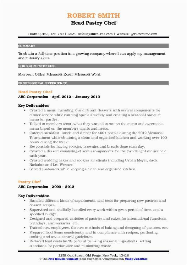 Sample Resume for Baking and Pastry Pastry Chef Resume Samples