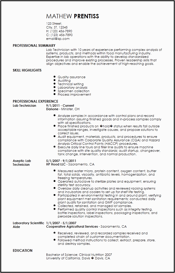 Sample Resume for Entry Level Lab Technician Laboratory Technician Resume