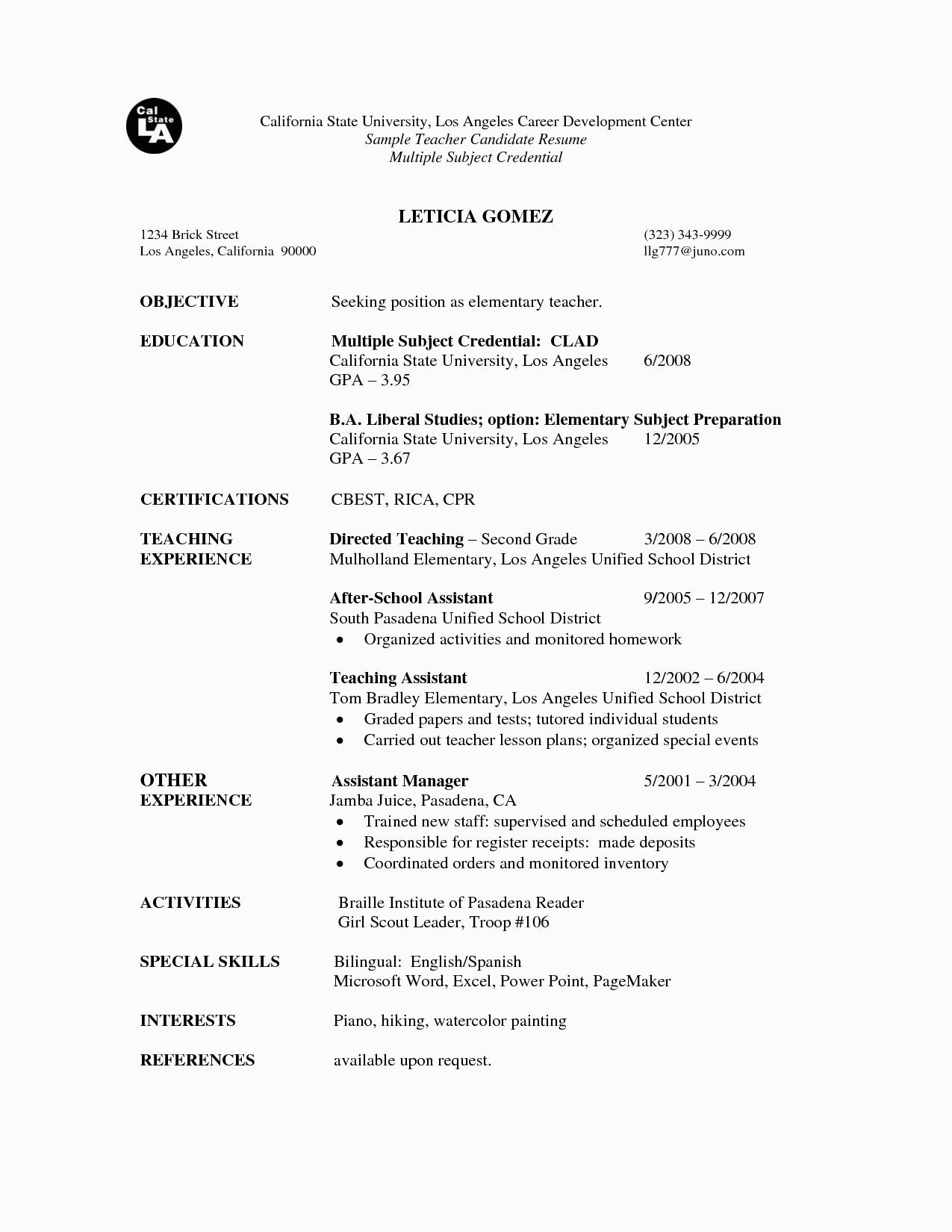 Sample Resume for First Time Teacher Applicant Resume Best First Year Teacher Example with Teaching