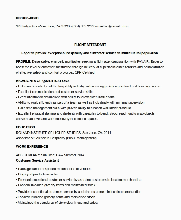 Sample Resume for Flight attendant with No Experience Free 6 Sample Flight attendant Resume Templates In Pdf