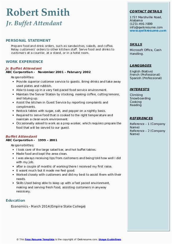 Sample Resume for Food Counter attendant Buffet attendant Resume Samples