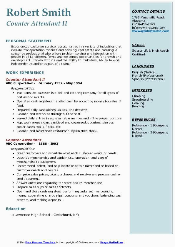 Sample Resume for Food Counter attendant Counter attendant Resume Samples