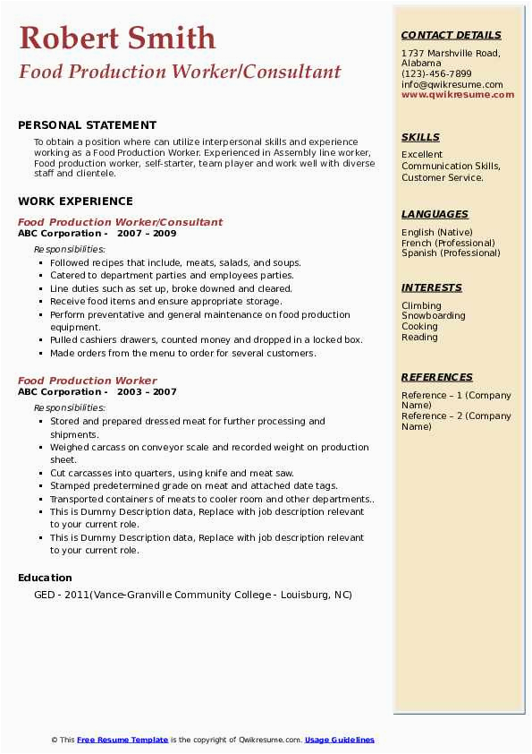 Sample Resume for Food Process Worker Food Production Worker Resume Sample Best Resume Examples