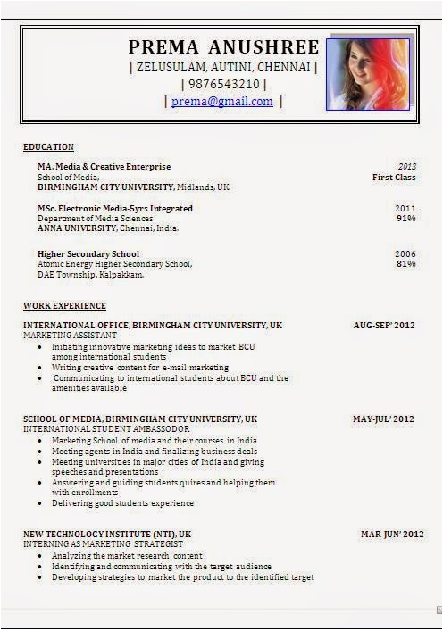 Sample Resume for Freshers In Media Jobs Resume format Resume format for Msc Students