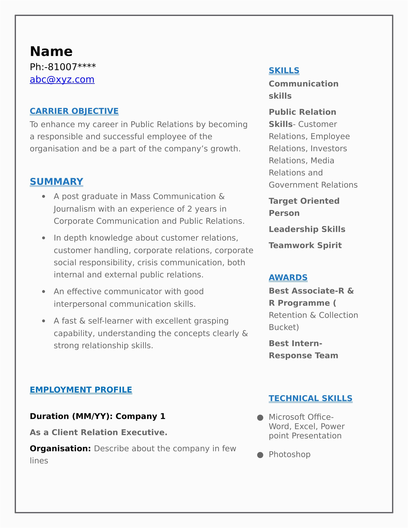 Sample Resume for Freshers In Media Jobs Resume Templates for Mass Munication Freshers Download Free