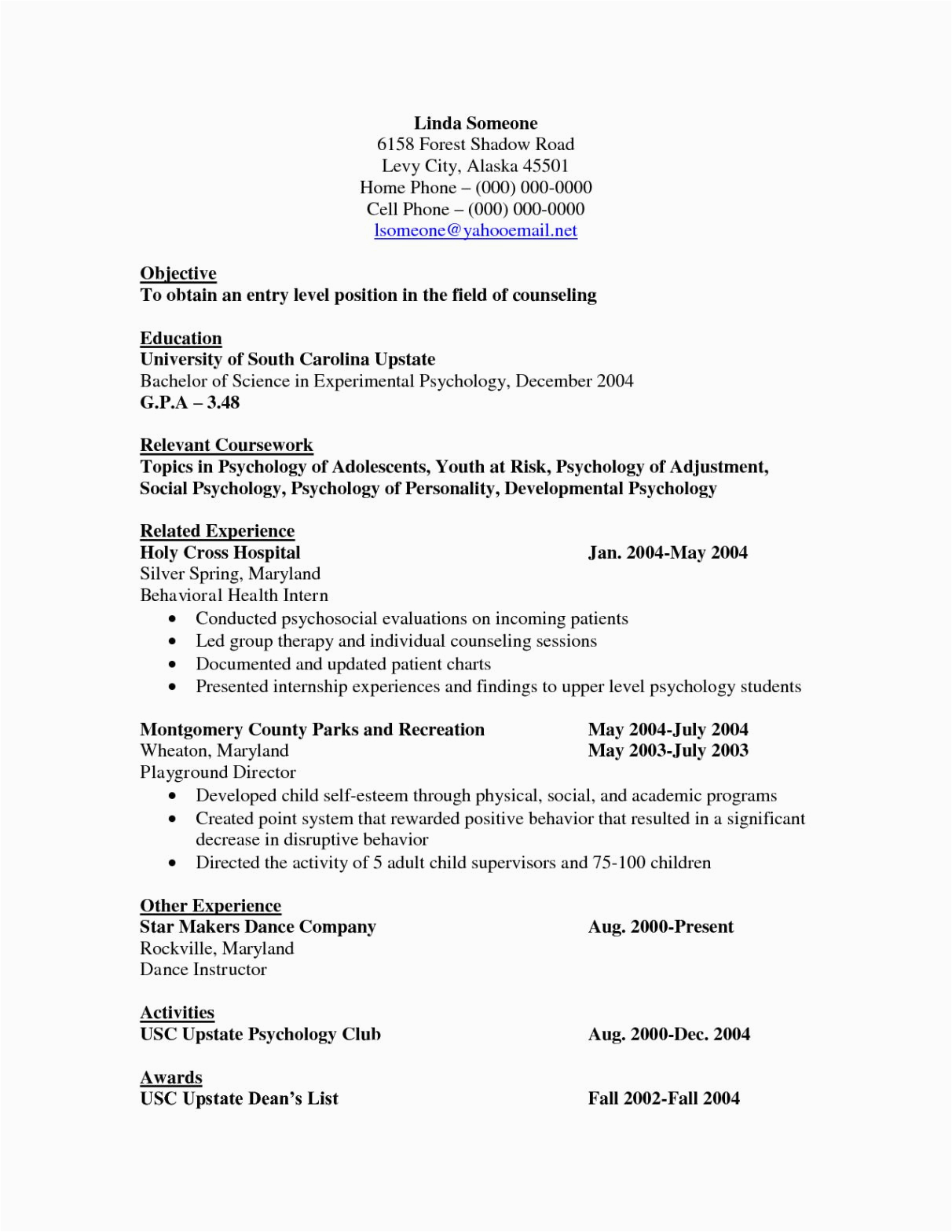 Sample Resume for Freshers In Psychology Psychology Student Resume