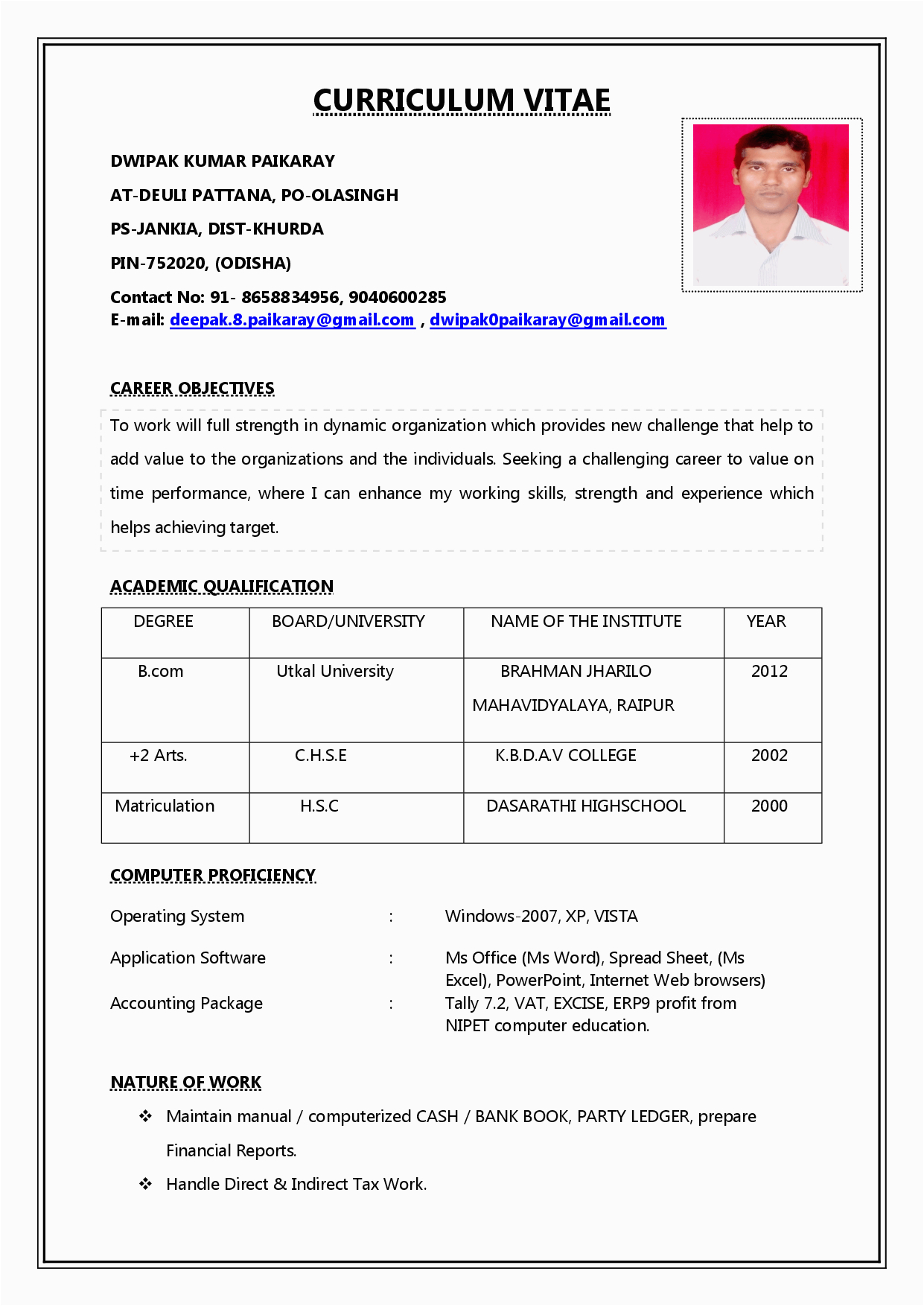 Sample Resume for It Jobs In India Create A Resume format