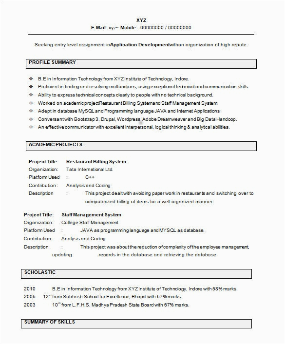 Sample Resume for It Professional for Freshers 25 Resume Templates for Freshers Pdf Doc
