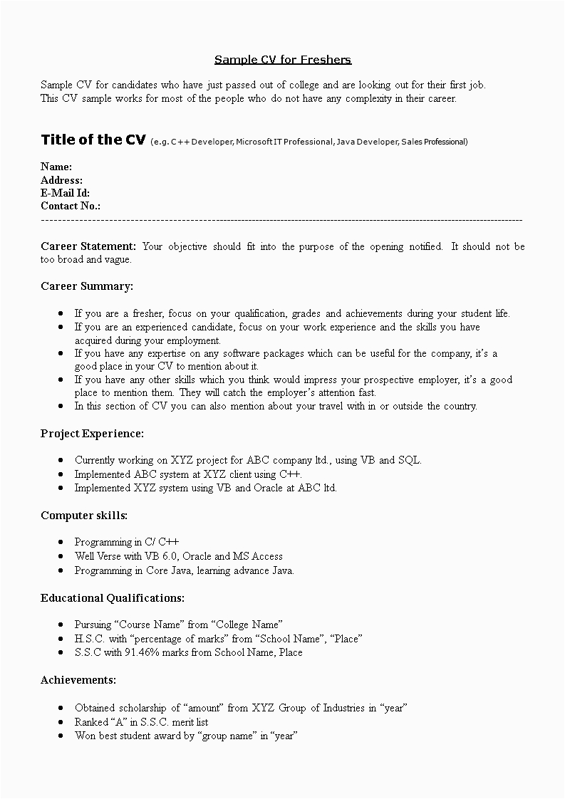 Sample Resume for It Professional for Freshers It Resume for Freshers