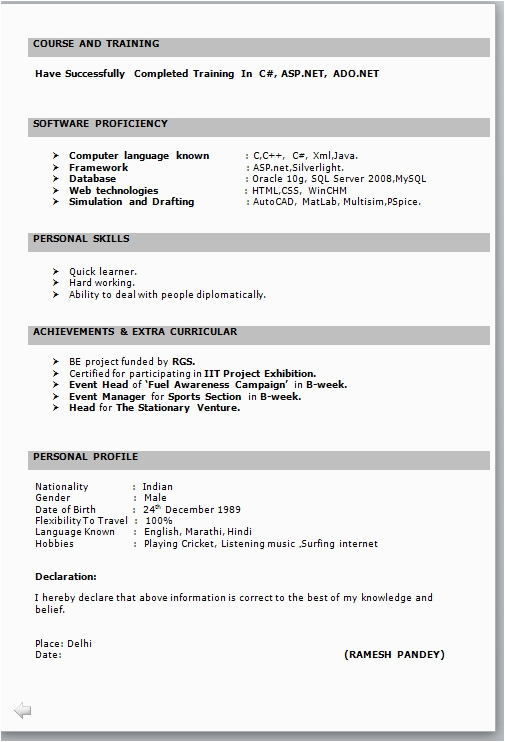 Sample Resume for It Professional Freshers Resume format for Fresher Free Job Cv Example