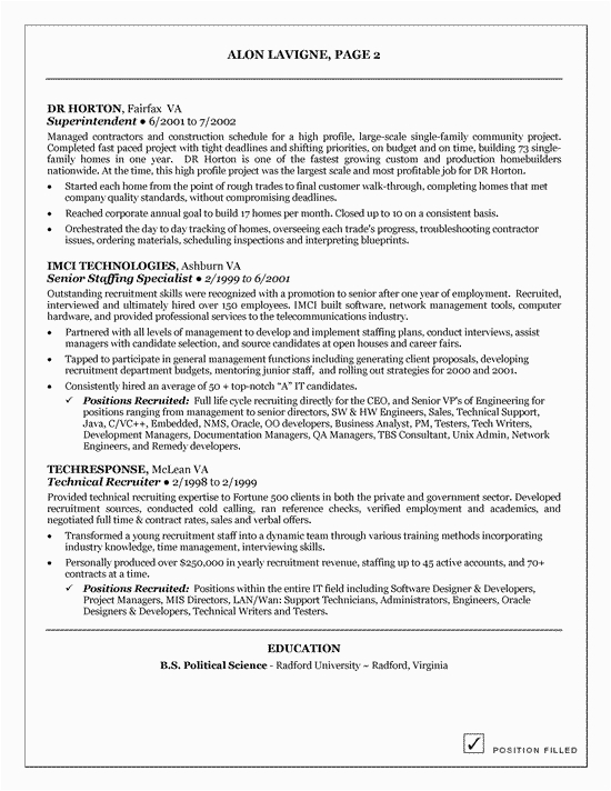Sample Resume for It Recruiter Position Technical Recruiter Resume Example