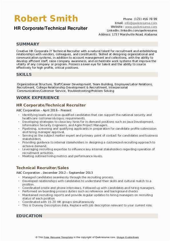 Sample Resume for It Recruiter Position Technical Recruiter Resume Samples
