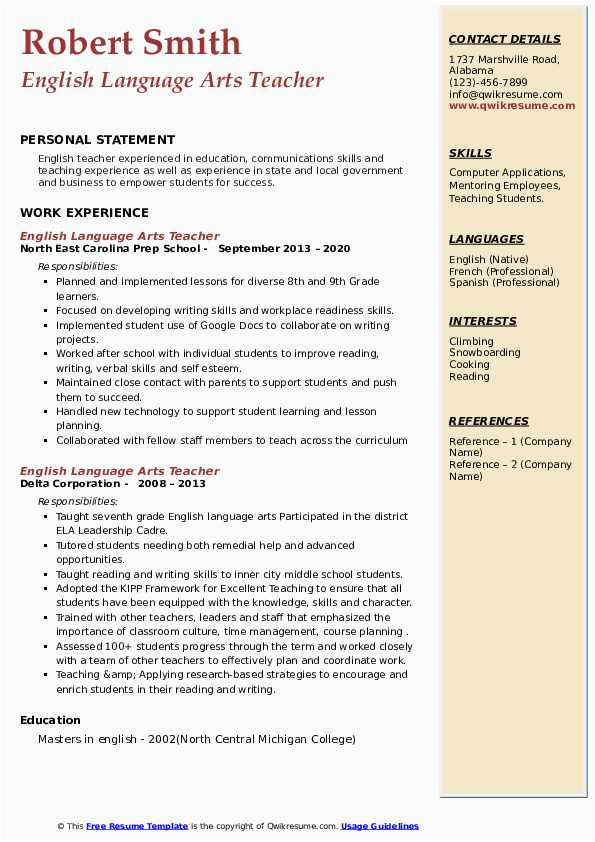 Sample Resume for Middle School Ell Teacher English Language Arts Teacher Resume Samples