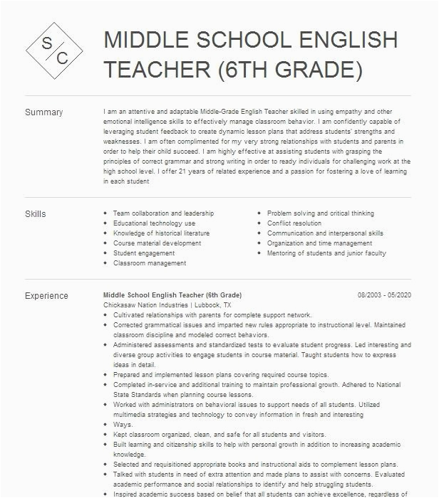 Sample Resume for Middle School Ell Teacher Middle School English Teacher Resume Example Pany Name Edison New