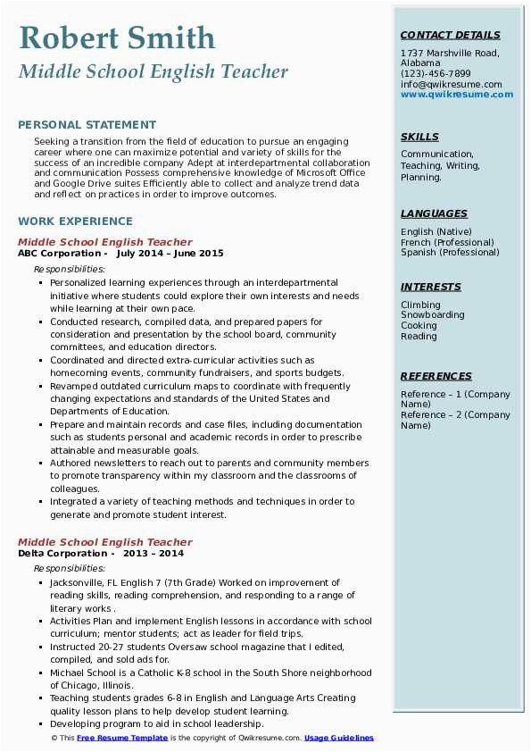 Sample Resume for Middle School Ell Teacher Middle School English Teacher Resume Samples