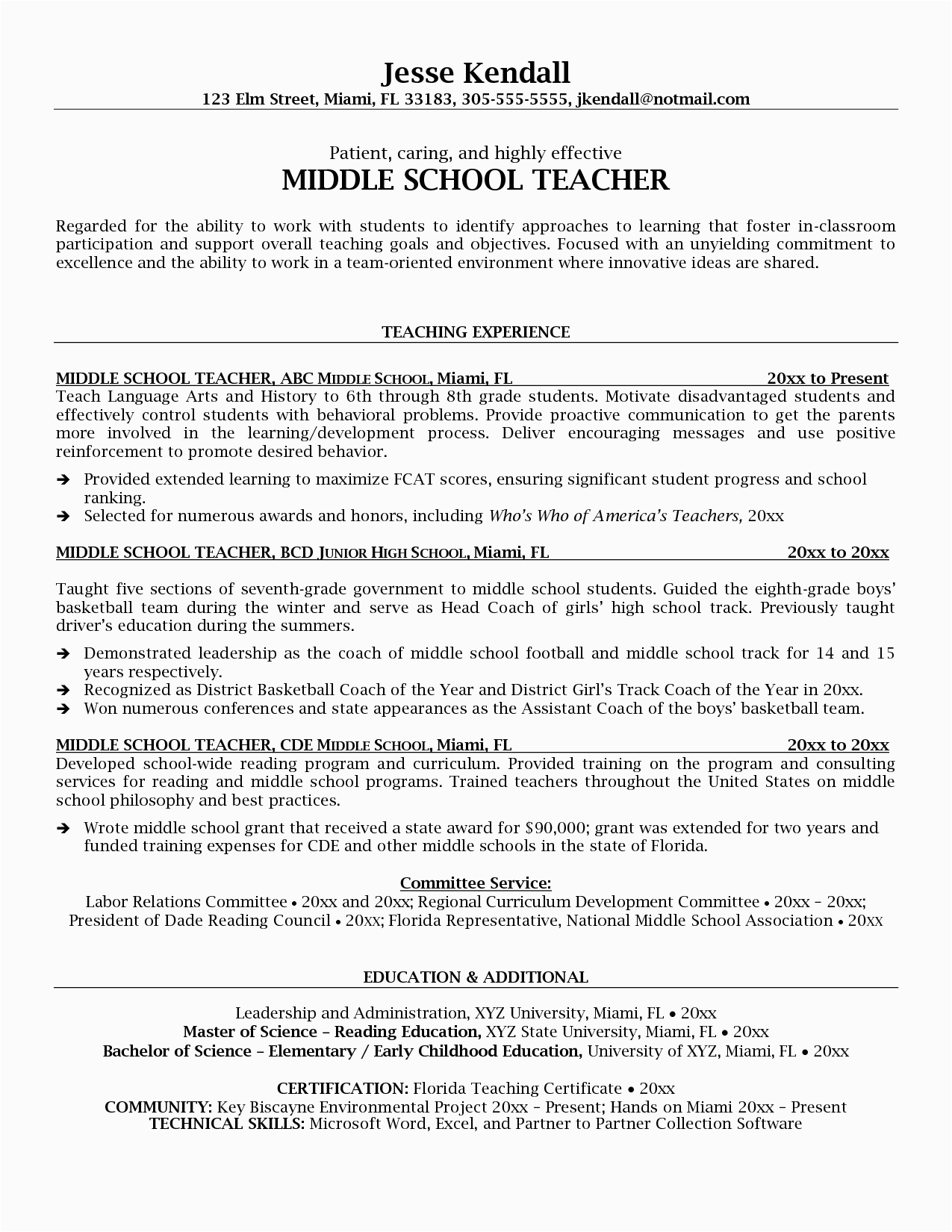 Sample Resume for Middle School Ell Teacher Middle School Teacher Resume Objective Resume