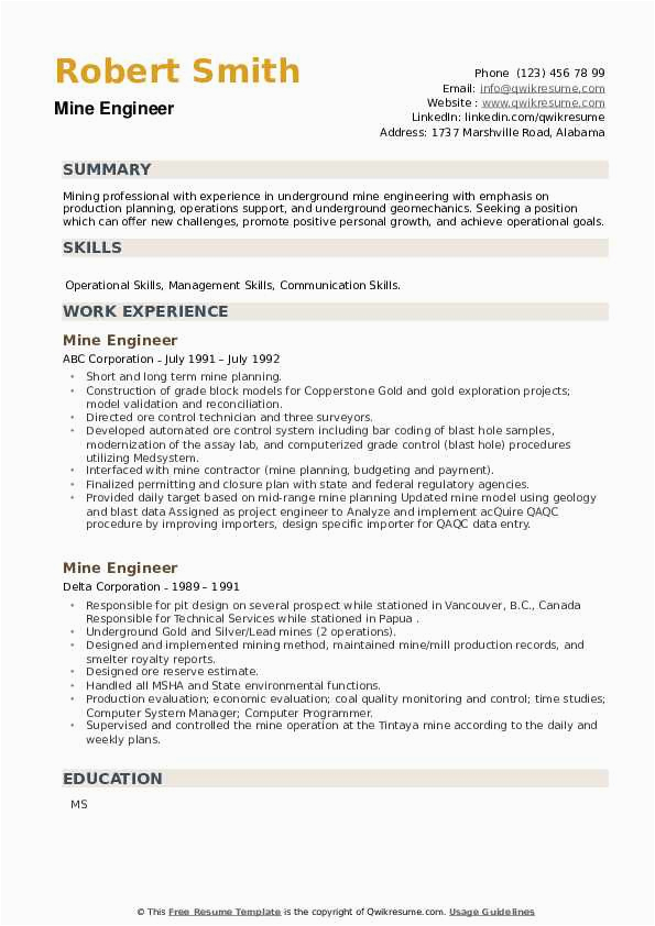 Sample Resume for Mining Planning Engineer Mine Engineer Resume Samples