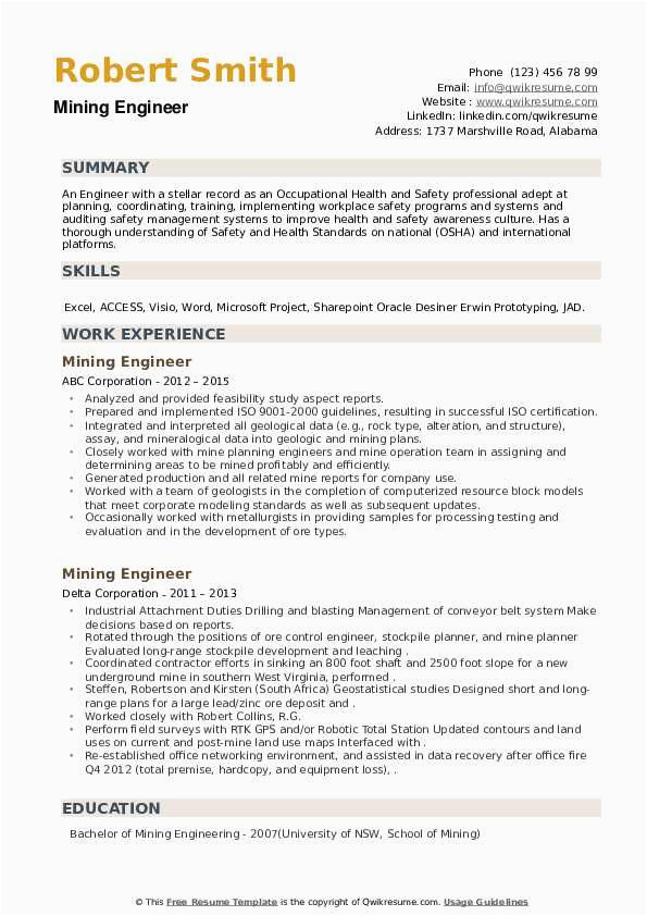 Sample Resume for Mining Planning Engineer Mining Engineer Resume Samples