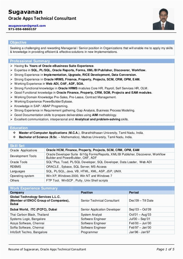 Sample Resume for oracle Apps Technical Consultant Resume Of Sugavanan oracle Apps Technical Consultant