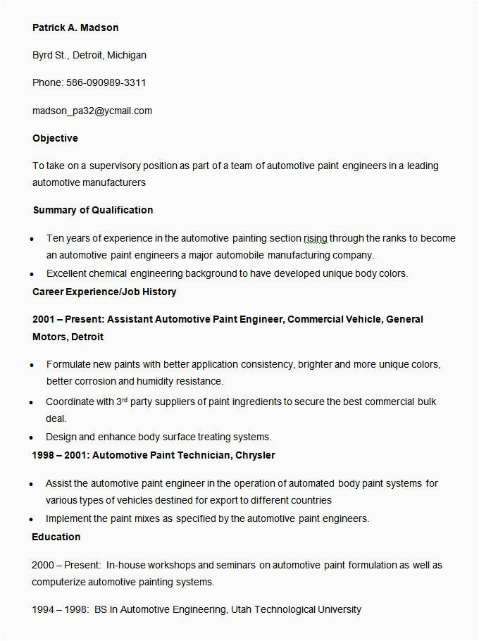 Sample Resume for Paint Shop Engineer Automobile Resume Templates – 25 Free Word Pdf Documents