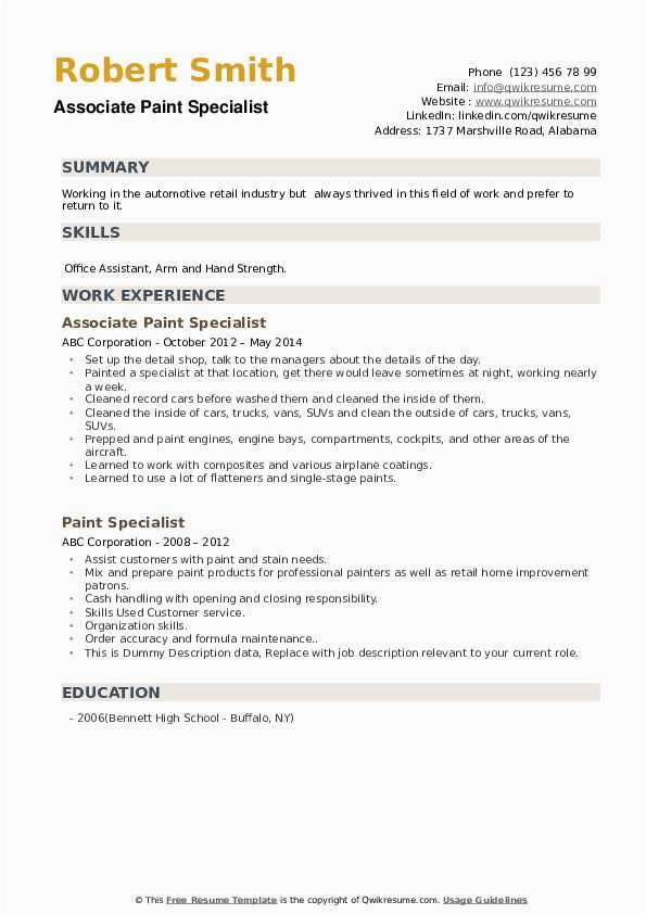 Sample Resume for Paint Shop Engineer Paint Specialist Resume Samples