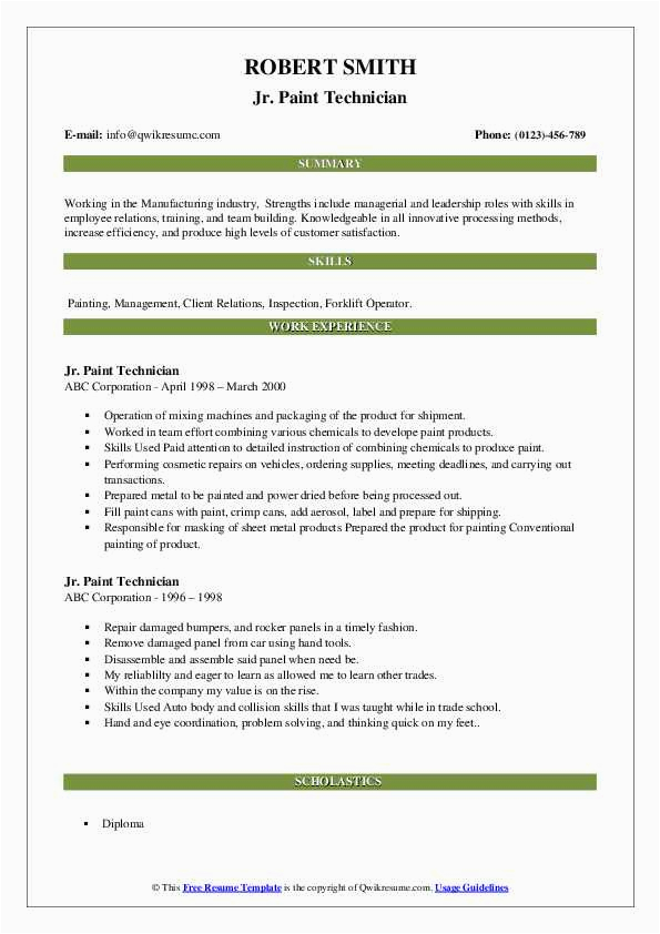 Sample Resume for Paint Shop Engineer Paint Technician Resume Samples