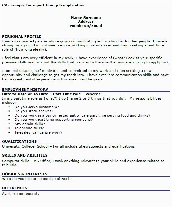 Sample Resume for Part Time Job In Restaurant Cv Example for A Part Time Job Icover