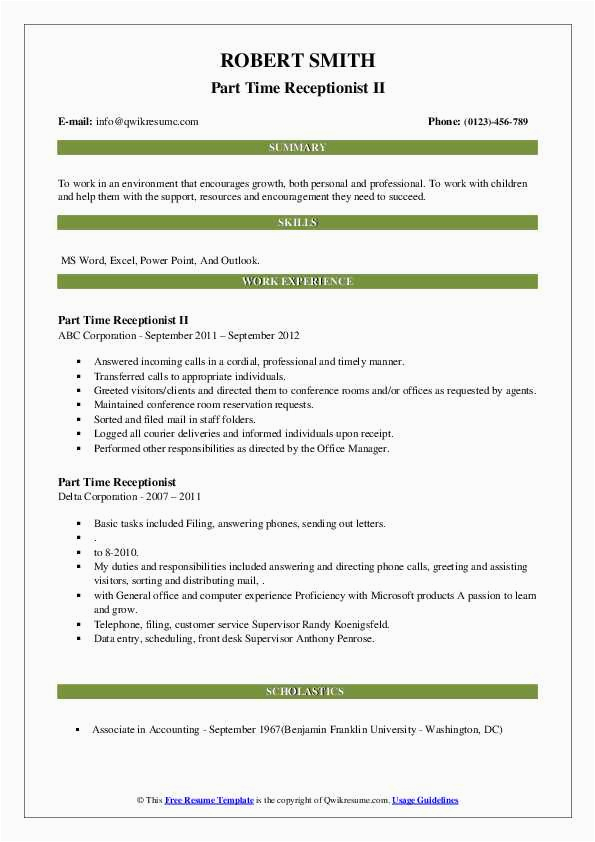 Sample Resume for Part Time Job In Restaurant Part Time Receptionist Resume Samples