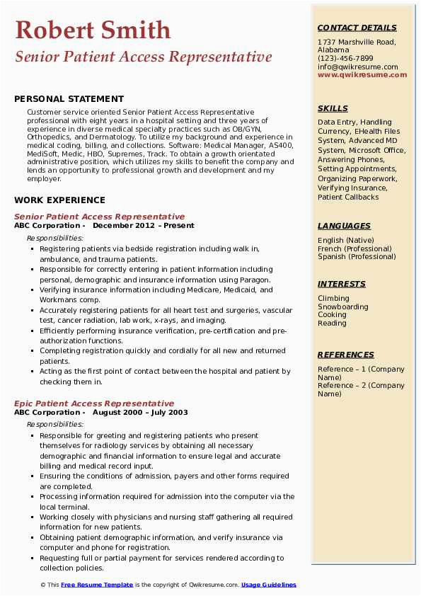 Sample Resume for Patient Access Representative Patient Access Representative Resume Samples