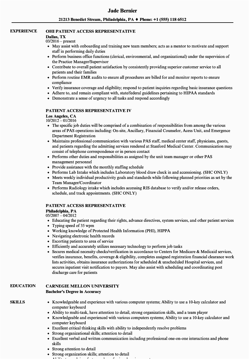 Sample Resume for Patient Access Representative Patient Access Representative Resume Samples