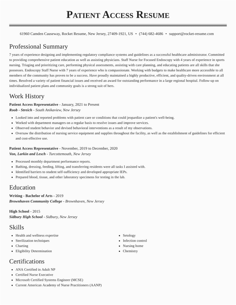 Sample Resume for Patient Access Representative Patient Access Representative Resumes