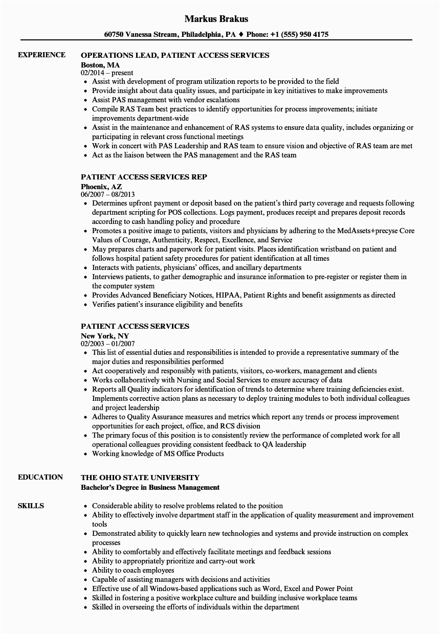 Sample Resume for Patient Access Representative Patient Access Services Resume Samples