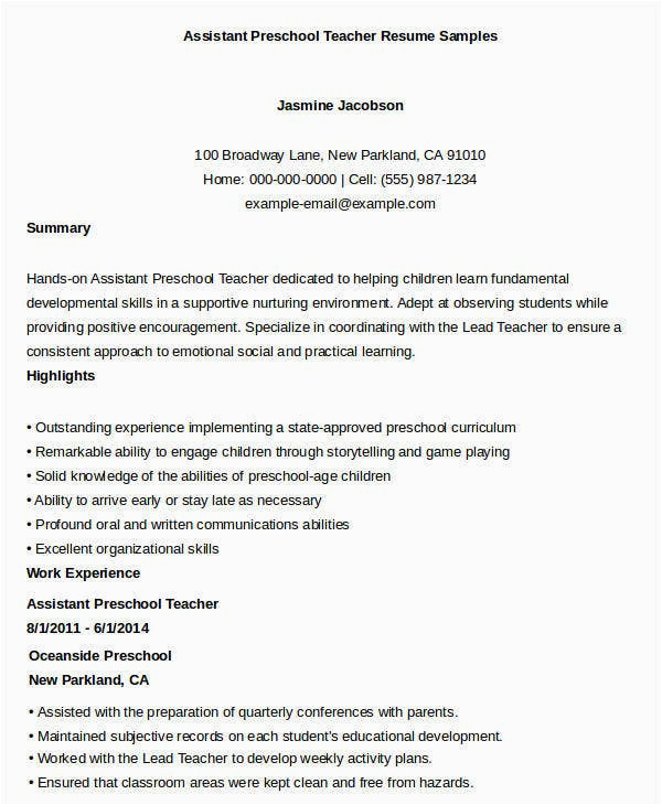 Sample Resume for Preschool Substitue Teacher assistant 23 Professional Teacher Resume Templates Pdf Doc