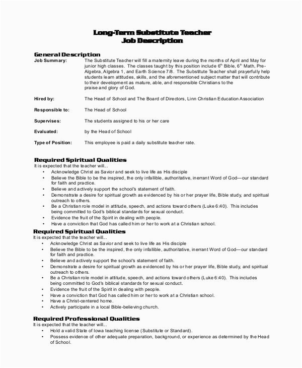 Sample Resume for Preschool Substitue Teacher assistant Free 8 Sample Substitute Teacher Job Description Templates In Pdf