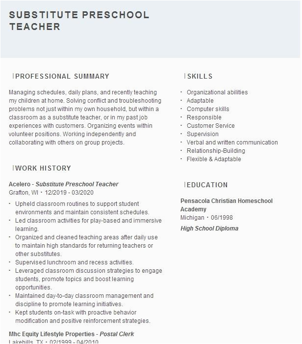 Sample Resume for Preschool Substitue Teacher assistant Preschool Substitute Teacher Resume Example Spring Education Group