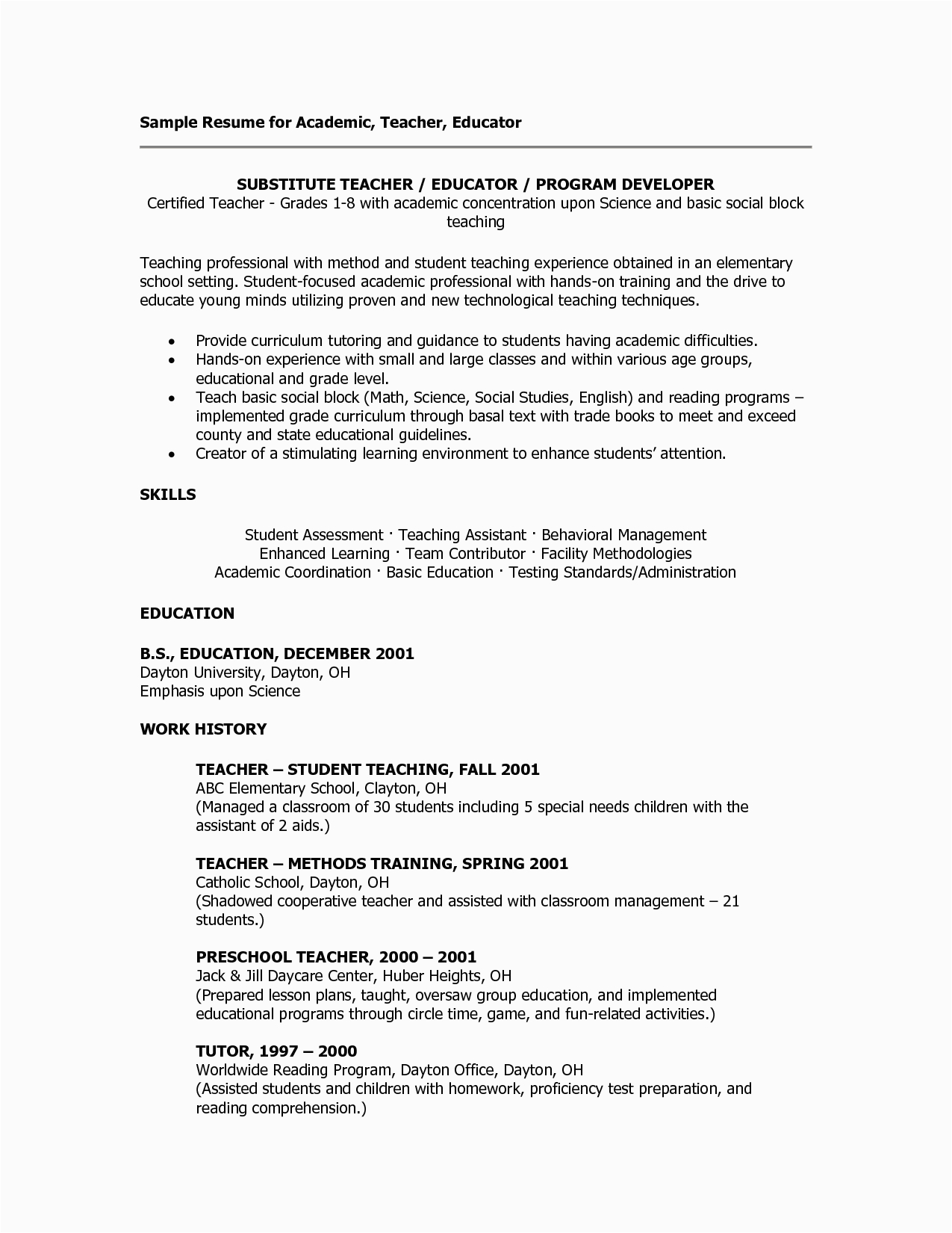 Sample Resume for Preschool Substitue Teacher assistant Sample Teacher Resumes