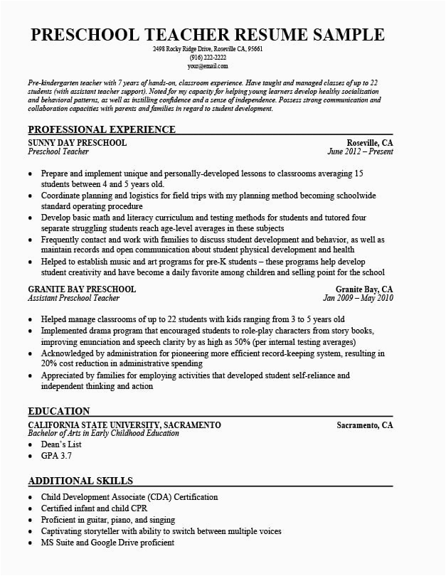 Sample Resume for Preschool Teaching Job Sample Teacher Resume for Preschool Preschool Teacher Resume Samples