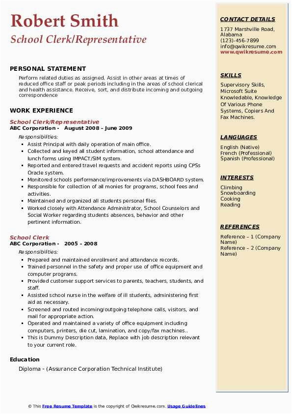 Sample Resume for School Clerical Position School Clerk Resume Samples
