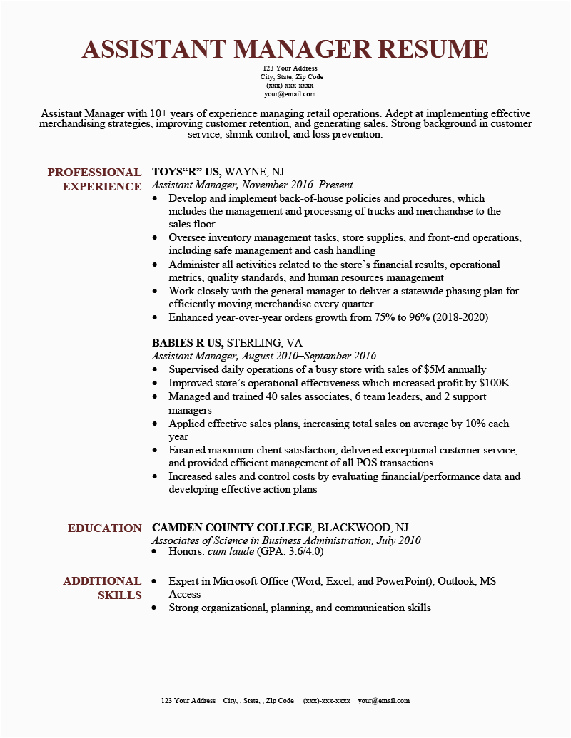 Sample Resume for toys R Us assistant Manager assistant Manager Resume Samples & Writing Guide