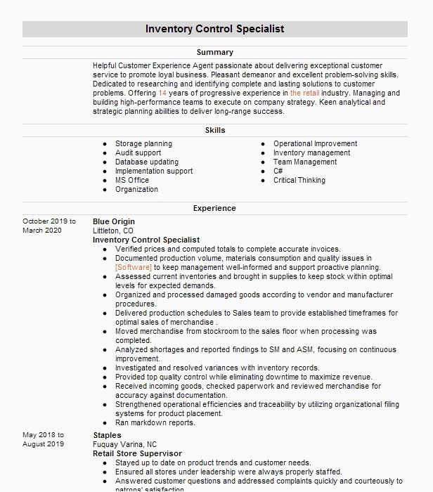 Sample Resume for toys R Us assistant Manager Inventory Control Specialist Resume Example Walmart Supercenter