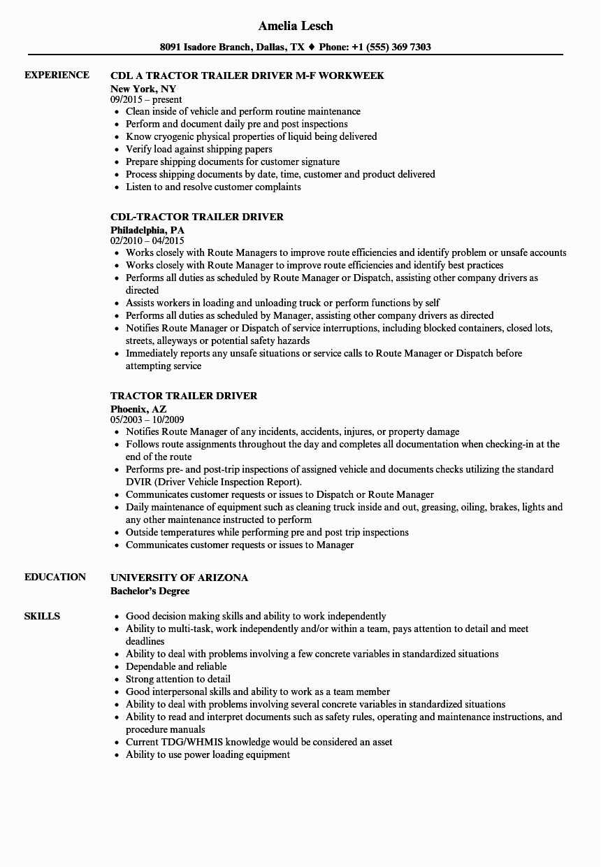 Sample Resume for Trailer Truck Driver Tractor Trailer Driver Resume Samples