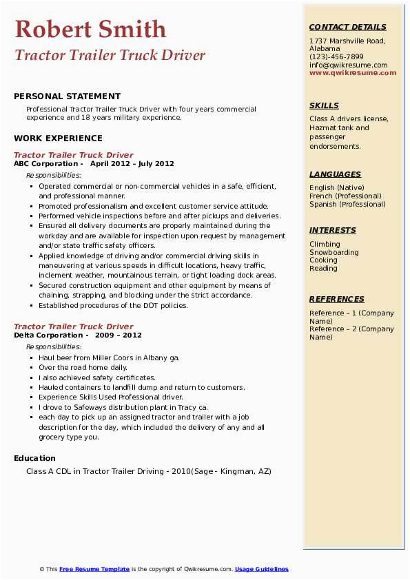 Sample Resume for Trailer Truck Driver Tractor Trailer Truck Driver Resume Samples