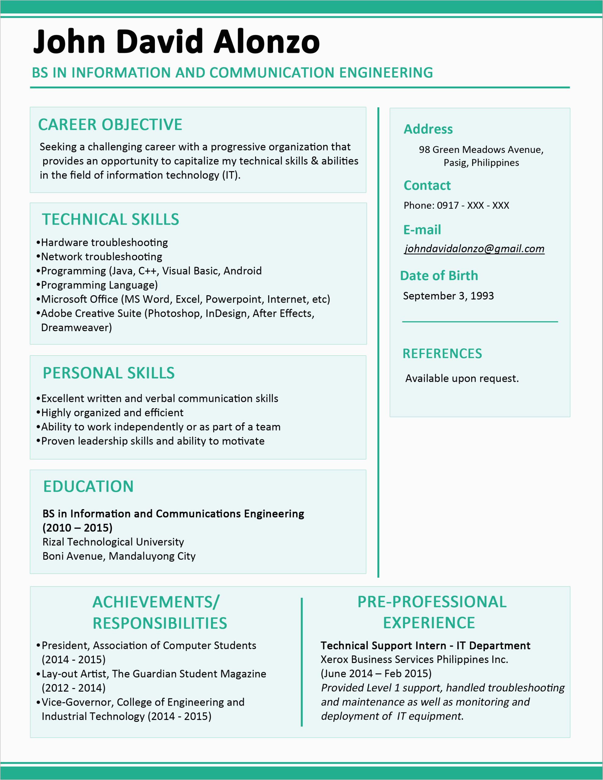 Sample Resume Fresh Graduate for Business Development Job Resume Example for Fresh Graduate Engineering – Idalias Salon