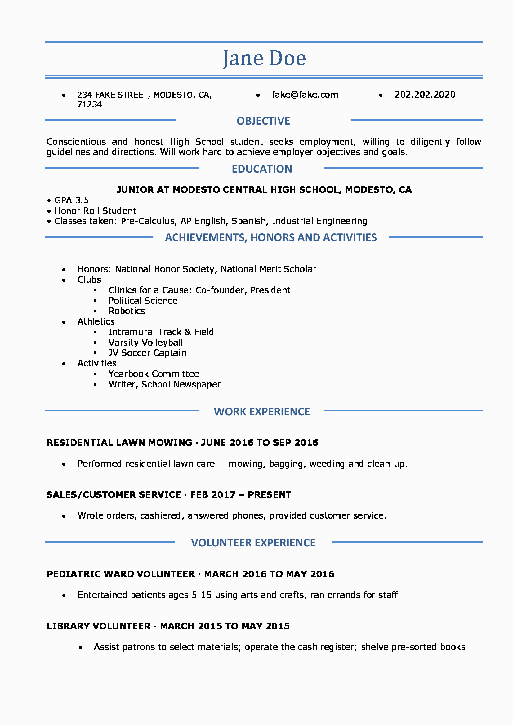 Sample Resume From A High School Student High School Resume Resumes Perfect for High School Students